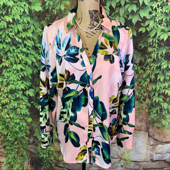Worthington Tops - WORTHINGTON Salmon Satin Botanical Blouse, L